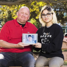 Steve saved Michael's life through donation. Donor sister, Jennifer, and Michael hold his picture